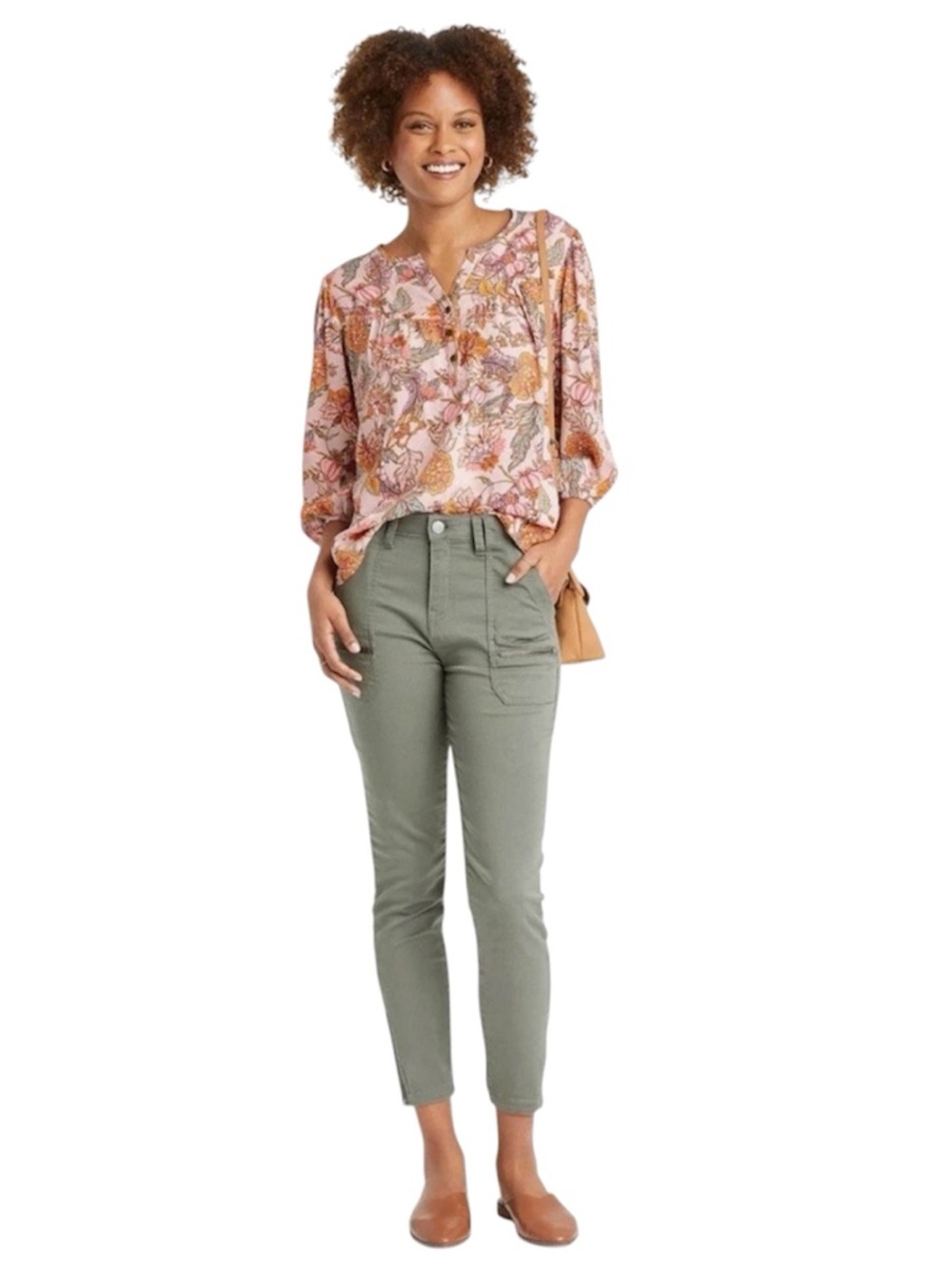 Knox Rose Pink Floral V-Neck Button Peasant Blouse - Picture 2 of 5